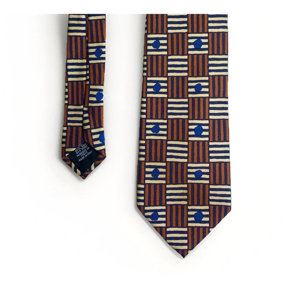 Hugo Boss Mens Tie Silk Brown Blue Geometric Striped Italy Designer Necktie